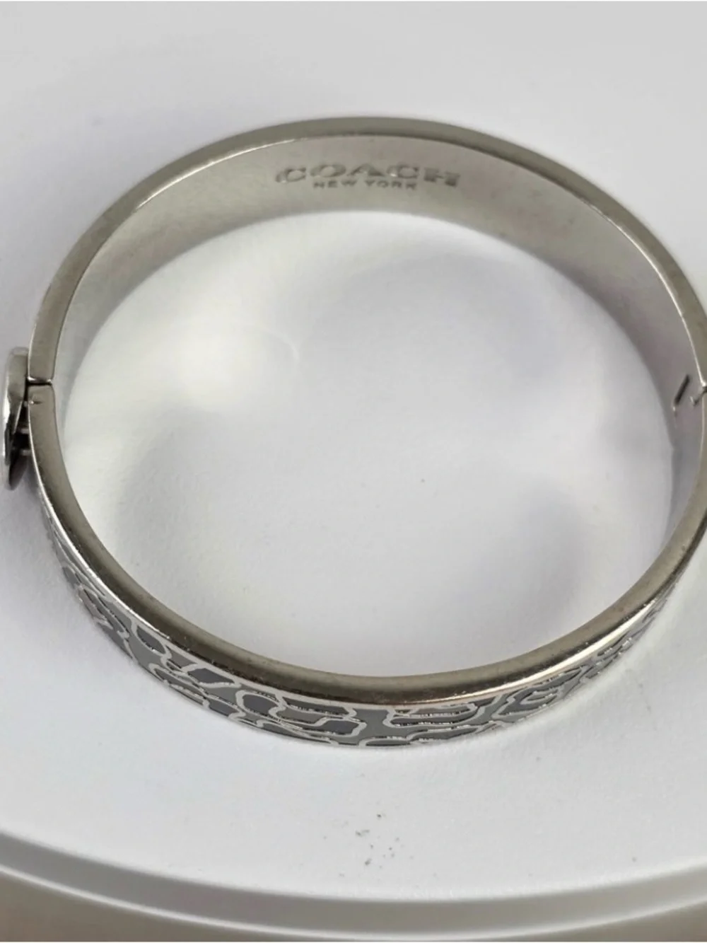 Coach Leopard Print Hinged Bangle Bracelet Silver Tone Black Grey Enamel Logo